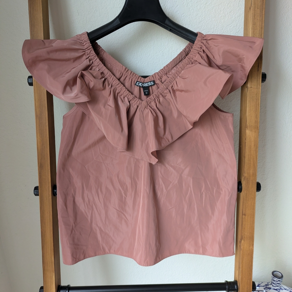 Express Women's Pink Ruffled Collar V neck Top - Size P XS